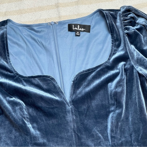 Lulus Victorious Dusty Blue Velvet Puff Sleeve Bodycon Dress size M - Picture 8 of 12
